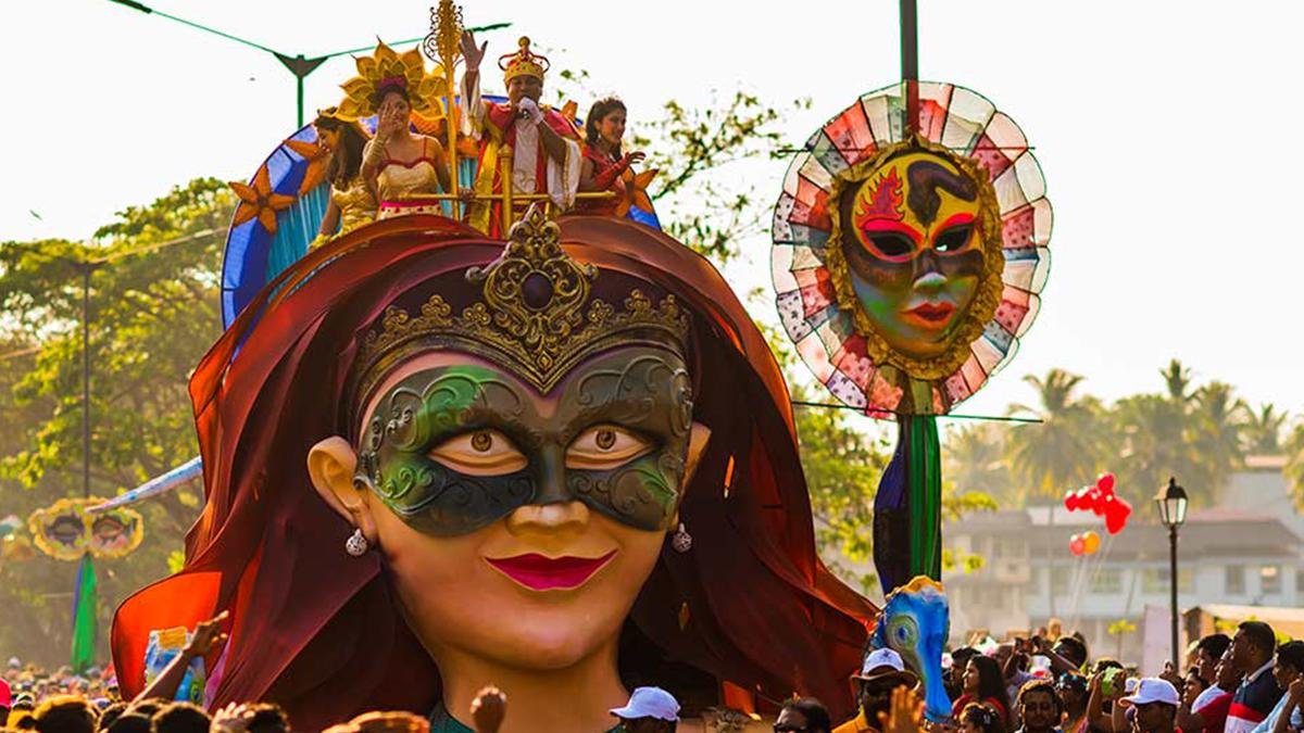 Goa Carnival parade with colorful masks and floats