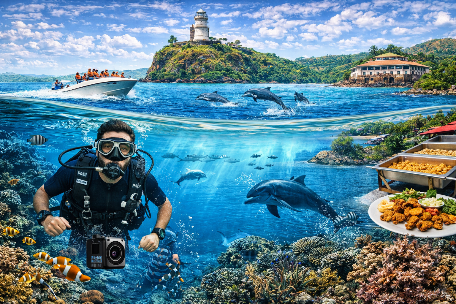 Grand Island scuba diving in Goa with clear underwater visibility and coral reefs